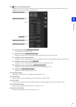 Page 61Camera Viewer
4
61
(20)  [Event and Input/Output] MenuEnables you to check the output  operations and input status of an extern al device, the detection status of the 
intelligent function and the status of linked events.
(S) External Device Output Use external device output (P. 84).
(T) External Device Input Displays the status of the external device  input signal for each input source (P. 84).
(U) Intelligent Function (Image Detection) Displays the status of vide o detection by the intelligent function...