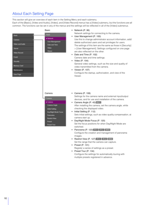 Page 9292
About Each Setting Page
This section will give an overview of each item in the Setting Menu and each submenu.
Each of the [Basic], [Video and Audio],  [Video], and [Video Record] menus has a [V ideo] submenu, but the functions are all 
common. The functions can be set in any of the menus and th e settings will be reflected in all of the [Video] submenus.
 Network (P. 96)
Network settings for connecting to the camera.
 User Management (P. 100)
Use this to change administra tor account information,...