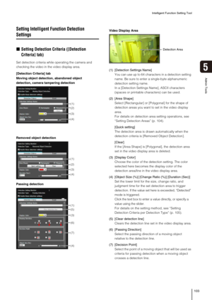 Page 103Intelligent Function Setting Tool
103
5
Admin Tools
Setting Intelligent Function Detection 
Settings
„Setting Detection Criteria ([Detection 
Criteria] tab)
Set detection criteria while operating the camera and 
checking the video in the video display area.
(1) [Detection Settings Name]
You can use up to 64 characters in a detection setting 
name. Be sure to enter a single-byte alphanumeric 
detection setting name.
In a [Detection Settings Name], ASCII characters 
(spaces or printable characters) can be...