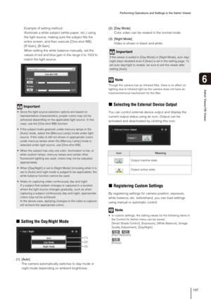 Page 137Performing Operations and Settings in the Admin Viewer
137
Admin Viewer/VB Viewer
6
Example of setting method:
Illuminate a white subject (white paper, etc.) using 
the light source, making sure the subject fills the 
entire screen, and then execute [One-shot WB].
[R Gain], [B Gain]
When setting the white balance manually, set the 
values of red and blue gain in the range 0 to 1023 to 
match the light source.
„Setting the Day/Night Mode
(1) [Auto]
The camera automatically switches to day mode or 
night...