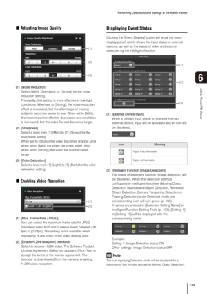 Page 139Performing Operations and Settings in the Admin Viewer
139
Admin Viewer/VB Viewer
6
„Adjusting Image Quality
(1) [Noise Reduction]
Select [Mild], [Standard], or [Strong] for the noise 
reduction setting. 
Principally, this setting is more effective in low-light 
conditions. When set to [Strong], the noise reduction 
effect is increased, but the afterimage of moving 
subjects becomes easier to see. When set to [Mild], 
the noise reduction effect is decreased and resolution 
is increased, but the video...