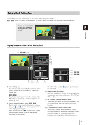 Page 7979
Admin Tools
5
A tool that lets you cover certain areas on the camera video with privacy masks.
When the camera is panned, tilted, or zoomed, the privacy mask area responds to the camera video. 
Display Screen of Privacy Mask Setting Tool
(1) Video Display Area
The video currently captured by the camera is shown. 
Privacy masks can be resized/moved in the video 
display area. 
Pan, tilt, and zoom operations are the same as in the 
Admin Viewer. For details, see “How to Operate the 
Viewer” (p. 124)....