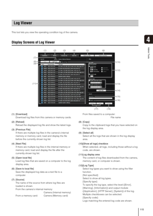 Page 115115
Admin Tools
4
This tool lets you view the operating condition log of the camera. 
Display Screens of Log Viewer
(1) [Download] 
Download log files from this camera or memory cards.
(2) [Reload] 
Reload the displayed log file and show the latest logs.
(3) [Previous File] 
If there are multiple log files in the cameras internal 
memory or memory card, load and display the file 
before the currently shown log list.
(4) [Next File] 
If there are multiple log files in the internal memory or 
memory card,...