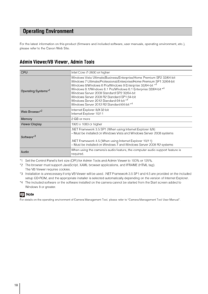 Page 1818
For the latest information on this product (firmware and included software, user manuals, operating environment, etc.), 
please refer to the Canon Web Site.
Admin Viewer/VB Viewer, Admin Tools
*1 Set the Control Panel’s font size (DPI) for Admin Tools and Admin Viewer to 100% or 125%. 
*2 The browser must support JavaScript, XAML browser applications, and IFRAME (HTML tag).
The VB Viewer requires cookies. 
*3 Installation is unnecessary if only VB Viewer will be used. .NET Framework 3.5 SP1 and 4.5...