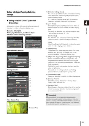 Page 109Intelligent Function Setting Tool
109
4
Admin Tools
Setting Intelligent Function Detection 
Settings
„Setting Detection Criteria ([Detection 
Criteria] tab)
Set detection criteria while operating the camera and 
checking the video in the video display area.(1) [Detection Settings Name]
You can use up to 64 characters in a detection setting 
name. Be sure to enter a single-byte alphanumeric 
detection setting name.
In a [Detection Settings Name], ASCII characters 
(spaces or printable characters) can be...