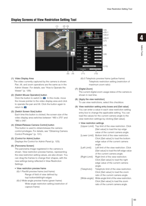 Page 93View Restriction Setting Tool
93
4
Admin Tools
Display Screens of View Restriction Setting Tool
(1) Video Display Area
The video currently captured by the camera is shown. 
Pan, tilt, and zoom operations are the same as in the 
Admin Viewer. For details, see “How to Operate the 
Viewer” (p. 129).
(2) [Switch Mouse Operation] button
Click the button to switch to . In this mode, move 
the mouse pointer to the video display area and click 
to operate the pan and tilt. Click the button again to 
return to ....