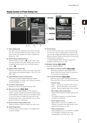 Page 97Preset Setting Tool
97
4
Admin Tools
Display Screens of Preset Setting Tool
(1) Video Display Area
The video currently captured by the camera is shown. 
Pan, tilt, and zoom operations are the same as in the 
Admin Viewer. For details, see “How to Operate the 
Viewer” (p. 129).
(2) [Switch Mouse Operation] button
Click the button to switch to . In this mode, move 
the mouse pointer to the video display area and click 
to operate the pan and tilt. Click the button again to 
return to .
(3) [Switch Screen...