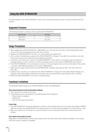 Page 132132
For setting details for the AXIS Q7404/Q7401, see the user manuals and safety precaution manuals includied with each 
product.
Supported Firmware
The following firmware is necessary when using the AXIS Q7404/Q7401.
Usage Precautions
 When registering the AXIS Q7404/Q7401 in RM-64/25/9, you must enter the host name, and the Administrator group 
account user name and password just as with other cameras.
 Register one AXIS Q7404/Q7401 at a time. You cannot search and register them.
 If the number of...