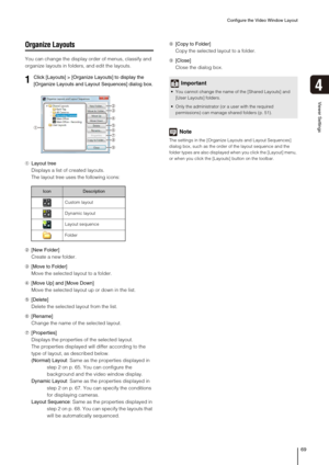 Page 69Configure the Video Window Layout
69
Viewer Settings
4
Organize Layouts
You can change the display order of menus, classify and 
organize layouts in folders, and edit the layouts.
➀Layout tree
Displays a list of created layouts.
The layout tree uses the following icons:
➁[New Folder]
Create a new folder.
➂[Move to Folder]
Move the selected layout to a folder.
➃[Move Up] and [Move Down]
Move the selected layout up or down in the list.
➄[Delete]
Delete the selected layout from the list.
➅[Rename]
Change...