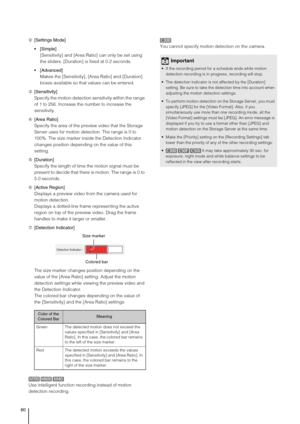 Page 8080
➁[Settings Mode]
Simple]
[Sensitivity] and [Area Ratio] can only be set using 
the sliders. [Duration] is fixed at 0.2 seconds.
 [Advanced]
Makes the [Sensitivity], [Area Ratio] and [Duration] 
boxes available so that values can be entered.
➂[Sensitivity]
Specify the motion detection sensitivity within the range 
of 1 to 256. Increase the number to increase the 
sensitivity.
➃[Area Ratio]
Specify the area of the preview video that the Storage 
Server uses for motion detection. The range is 0 to 
100%....