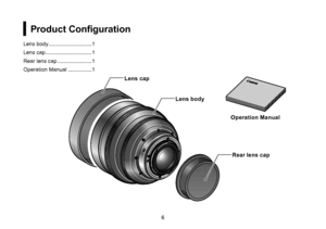 Page 2067
Product Configuration
Lens body .............................1
L ens cap  
...........................
 ....1
Rear lens cap
 
.......................1
O

peration Manual  
................
 1
Operation Manual
Lens cap
Lens body
Rear lens cap   