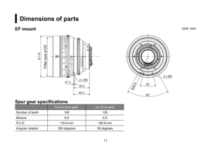 Page 251011
Dimensions of parts
R50.8
60° 30°
∞T22.845.68111622
1.5
CANON
φ114
(4.1)2 x M3
42.2
44.3
2 x M313"
22"
14"
15"
16"
17"
18"19"20"
23"221"
30
 8 7 64'643'9
5
33'63'3
1510
Unit: mm
Filter size ø105
EF mount
Spur gear specifications
Focus drive gear Iris drive gear
Number of teeth 146126
Module 0.80.8
P.C.D. 116.8 mm100.8 mm
Angular rotation 300 degrees36 degrees 