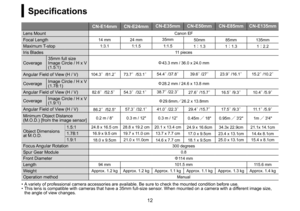 Page 261213
CN-E14mm CN-E24mmCN-E35mm CN-E50mm CN-E85mm CN-E135mm
Lens MountCanon EF
Focal Length14 mm 24 mm
35mm
50mm 85mm 135mm
Maximum T-stop1:3.11:1.51:1.5
11.3 11.3 12.2
Iris Blades11 pieces
Coverage35mm full size 
Image Circle / H x V 
(1.5:1)Φ43.3 mm / 36.0 x 24.0 mm
Angular Field of View (H / V)104.3°/81.2°
73.7°/53.1° 54.4°
/
37.8° 39.6°/
27° 23.9°/
16.1° 15.2°/
10.2°
Coverage Image Circle / H x V 
(1.78:1)Φ28.2 mm / 24.6 x 13.8 mm
Angular Field of View (H / V)82.6°/52.5°
54.3°/32.1° 38.7°
/...
