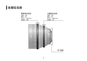 Page 3345
各部位名称
聚焦驱动齿轮齿数 ：146
模块 ： 0.8
P.C.D. ：116.8 mm
角旋转 ： 300°光圈驱动齿轮齿数 ：
126
模块 ： 0.8
P.C.D. ：100.8 mm
角旋转 ： 36°
EF
基座 