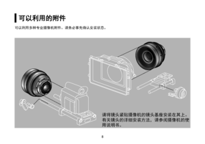 Page 3689
可以利用的附件
可以利用多种专业摄像机附件。请务必事先确认安装状态。
请将镜头紧贴摄像机的镜头基座安装在其上。
有关镜头的详细安装方法，请参阅摄像机的使
用说明书。      