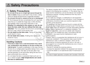 Page 3ENG-2
aSafety Precautions
aSafety Precautions•Do not look at the sun or a bright light source through the
lens or camera. Doing so could result in loss of vision. Looking
at the sun directly through the lens is especially hazardous.
•Do not point the lens or camera at the sun or photograph
it. This is because the lens concentrates the sun’s rays even
when the sun is outside the image area or when shooting
with backlight, which could cause malfunction or fire.
• Whether it is attached to the camera or...
