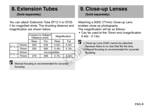 Page 9ENG-8
You can attach Extension Tube EF12 II or EF25
II for magnified shots. The shooting distance and
magnification are shown below.
8. Extension Tubes 
(Sold separately)
Camera-to-Subject  Magnification
Distance (mm)
Near Far Near Far
EF12 II24mm 222 234 0.63 ×0.50×
70mm 305 560 0.49 ×0.18×
EF25 II24mm Incompatible
70mm 279 366 0.75 ×0.40×
Manual focusing is recommended for accurate
focusing.
9. Close-up Lenses 
(Sold separately)
Attaching a 500D (77mm) Close-up Lens
enables close-up photography.
The...