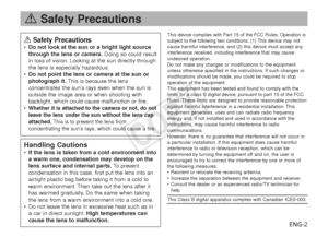 Page 3ENG-2
aSafety Precautions
aSafety Precautions•Do not look at the sun or a bright light source
through the lens or camera. Doing so could result
in loss of vision. Looking at the sun directly through
the lens is especially hazardous.
•Do not point the lens or camera at the sun or
photograph it. This is because the lens
concentrates the sun’s rays even when the sun is
outside the image area or when shooting with
backlight, which could cause malfunction or fire.
•Whether it is attached to the camera or not,...