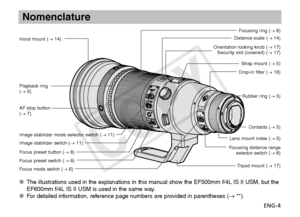 Page 5ENG-4
Nomenclature
The illustrations used in the explanations in this manual show the EF500mm f/4L IS II USM, but the 
OO
EF600mm f/4L IS II USM is used in the same way.
  For detailed information, reference page numbers are provided in parentheses (
OO → **).
Distance scale (→  14)
Orientation locking knob (→ 17)
Security slot (covered) (→ 17)
Strap mount (→ 5)
Focus mode switch (→ 6)
Contacts (→ 5)
Lens mount index (→ 5)
Drop-in filter (→ 18)
Image stabilizer mode selector switch (→ 11)
Focus preset...