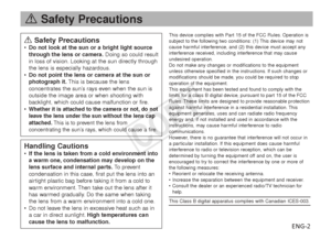 Page 3ENG-2
aSafety Precautions
aSafety Precautions•Do not look at the sun or a bright light source
through the lens or camera. Doing so could result
in loss of vision. Looking at the sun directly through
the lens is especially hazardous.
• Do not point the lens or camera at the sun or
photograph it. This is because the lens
concentrates the sun’s rays even when the sun is
outside the image area or when shooting with
backlight, which could cause malfunction or fire.
•
Whether it is attached to the camera or...