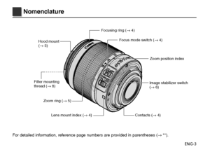Page 4ENG-3
Nomenclature
Contacts (→ 4)
Focus mode switch (→ 4)
Image stabilizer switch 
(→ 6)
Hood mount
(→ 5)
Lens mount index (→ 4)
Filter mounting 
thread (→ 8)
Zoom ring (→ 5) Focusing ring (→ 4)
Zoom position index
For detailed information, reference page numbers are provided in parenth\
eses ( → **).
COPY  
