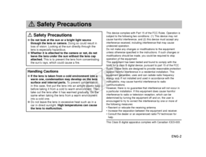 Page 3ENG-2
aSafety Precautions
This device complies with Part 15 of the FCC Rules. Operation is
subject to the following two conditions: (1) This device may not
cause harmful interference, and (2) this device must accept any
interference received, including interference that may cause
undesired operation.
Do not make any changes or modifications to the equipment
unless otherwise specified in the instructions. If such changes or
modifications should be made, you could be required to stop
operation of the...