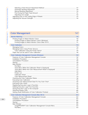 Page 14Adjustments for Better Print QualitySelecting a Feed Amount Adjustment Method .....................................................................................................737
Automatic Banding Adjustment .................................................................................................................................. 738
Manual Banding Adjustment...