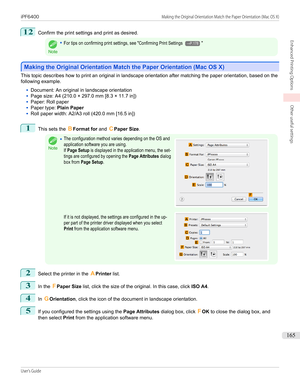 Page 16512
Confirm the print settings and print as desired.Note
•For tips on confirming print settings, see "Confirming Print Settings →P.178"
Making the Original Orientation Match the Paper Orientation (Mac OS X)
Making the Original Orientation Match the Paper Orientation (Mac OS X)
This topic describes how to print an original in landscape orientation after matching the paper orientation, based on the
following example.
•
Document: An original in landscape orientation
•
Page size: A4 (210.0 × 297.0 mm...