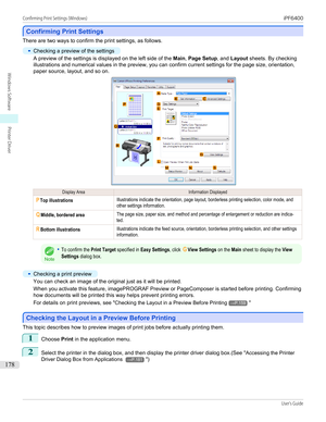 Page 178Confirming Print Settings
Confirming Print Settings
There are two ways to confirm the print settings, as follows.
•
Checking a preview of the settings
A preview of the settings is displayed on the left side of the 
Main, Page Setup , and Layout  sheets. By checking
illustrations and numerical values in the preview, you can confirm current settings for the page size, orientation,
paper source, layout, and so on.
Display AreaInformation DisplayedPTop illustrationsIllustrations indicate the orientation,...