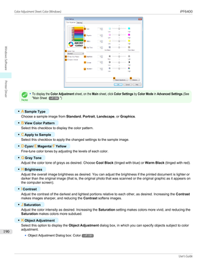 Page 190Note
•To display the Color Adjustment sheet, on the Main sheet, click Color Settings by Color Mode in Advanced Settings.(See"Main Sheet →P.184")
•
ASample Type
Choose a sample image from  Standard, Portrait , Landscape , or Graphics .
•
BView Color Pattern
Select this checkbox to display the color pattern.
•
CApply to Sample
Select this checkbox to apply the changed settings to the sample image.
•
DCyan /E Magenta /F Yellow
Fine-tune color tones by adjusting the levels of each color.
•
G Gray...