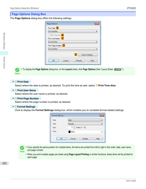 Page 202Page Options Dialog Box
Page Options Dialog Box
The 
Page Options  dialog box offers the following settings.Note
•To display the Page Options dialog box, on the Layout sheet, click Page Options.(See "Layout Sheet →P.200")
•
APrint Date
Select where the date is printed, as desired. To print the time as well, select  BPrint Time Also .
•
CPrint User Name
Select where the user name is printed, as desired.
•
DPrint Page Number
Select where the page number is printed, as desired.
•
EFormat Settings...