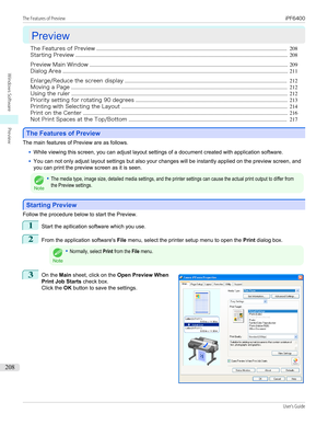 Page 208Preview
Preview
The Features of Preview .................................................................................................................................................... 208
Starting Preview ..................................................................................................................................................................... 208
Preview Main Window...