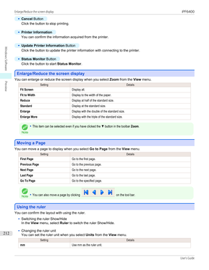 Page 212•
Cancel Button
Click the button to stop printing.
•
Printer Information
You can confirm the information acquired from the printer.
•
Update Printer Information  Button
Click the button to update the printer information with connecting to the printer.
•
Status Monitor Button
Click the button to start  Status Monitor.
Enlarge/Reduce the screen display
Enlarge/Reduce the screen display
You can enlarge or reduce the screen display when you select 
Zoom from the  View menu.
SettingDetailsFit ScreenDisplay...