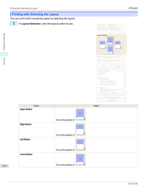 Page 214Printing with Selecting the Layout
Printing with Selecting the Layout
You can print which conserves paper by selecting the layout.
1
 
In  Layout Selection , click the layout button to use.
ButtonDetailsUpper ButtonTurn at the position of .Right ButtonTurn at the position of .Left ButtonTurn at the position of .Lower ButtonTurn at the position of .
 
Printing with Selecting the Layout...