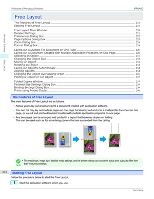 Page 218Free Layout
Free Layout
The Features of Free Layout ............................................................................................................................................ 218
Starting Free Layout ............................................................................................................................................................ 218
Free Layout Main Window...