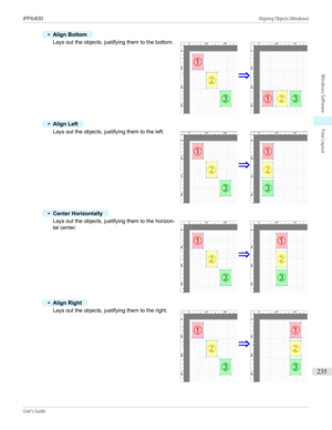 Page 235•
Align Bottom
Lays out the objects, justifying them to the bottom.
•
Align Left
Lays out the objects, justifying them to the left.
•
Center Horizontally
Lays out the objects, justifying them to the horizon-
tal center.
•
Align Right
Lays out the objects, justifying them to the right.
    
iPF6400                                                                                                                                                                                              Aligning Objects...