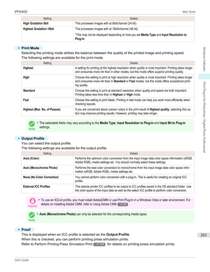 Page 263SettingDetailsHigh Gradation 8bitThis processes images with at 8bit/channel (24 bit).Highest Gradation 16bitThis processes images with at 16bit/channel (48 bit).
 
*This may not be displayed depending on how you set Media Type and Input Resolution toPlug-in.•
Print Mode
Selecting the printing mode strikes the balance between the quality of the printed image and printing speed.
The following settings are available for the print mode.
SettingDetailsHighestA setting for printing at the highest resolution...