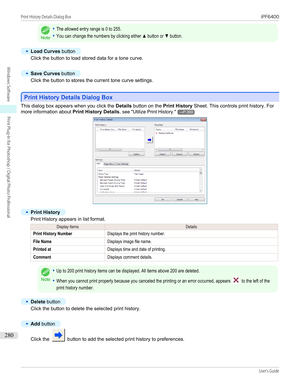 Page 280Note
•The allowed entry range is 0 to 255.•You can change the numbers by clicking either ▲ button or ▼ button.•
Load Curves button
Click the button to load stored data for a tone curve.
 
•
Save Curves  button
Click the button to stores the current tone curve settings.
 
Print History Details Dialog Box
Print History Details Dialog Box
This dialog box appears when you click the 
Details button on the  Print History Sheet. This controls print history. For
more information about  Print History Details, see...