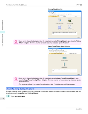 Page 326   Printing Wizard dialog boxImportant•If you want to change the display to another file or application while the Printing Wizard is open, close the PrintingWizard dialog box. Otherwise, you may not be able to change displays or operate the toolbar.   Large-Format Printing Wizard dialog boxImportant•If you want to change the display to another file or application while the Large-Format Printing Wizard is open,close the Large-Format Printing Wizard dialog box. Otherwise, you may not be able to change...