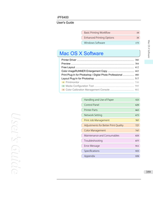 Page 359iPF6400 User's Guide
Basic Printing Workflow 19
Enhanced Printing Options35
Windows Software173
 
Mac OS X Software
 
Printer Driver .................................................................................. 360
Preview ........................................................................................... 384
Free Layout .................................................................................... 412
Color imageRUNNER Enlargement Copy ...................................... 443...