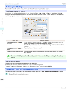 Page 364Confirming Print Settings
Confirming Print Settings
There are two ways to confirm what printing conditions have been specified, as follows.
Checking a preview of the settings
A preview of the settings is displayed on the left side of the  Main, Page Setup , Utility , and Additional Settings
panes.By checking images and numerical values in the preview, you can confirm current settings for the page size, orientation, paper source, and so on.
Display AreaInformation DisplayedPane displayed when the...