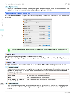 Page 370•APaper Source
Shows the  Paper Source  supported by the printer, as well as the type of paper loaded. To update the media type
setting in the printer driver, select the desired  Paper Source option and click  OK.
Paper Detailed Settings Dialog Box
Paper Detailed Settings Dialog Box
The 
Paper Detailed Settings  dialog box offers the following settings. For details on settings items, refer to the printer
driver help.
Note
•To display the Paper Detailed Settings dialog box, on the Main pane, click Set by...