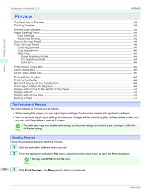 Page 384Preview
Preview
The Features of Preview .................................................................................................................................................... 384
Starting Preview ..................................................................................................................................................................... 384
Preview Main Window...