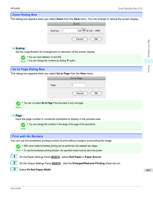 Page 407Zoom Dialog Box
Zoom Dialog Box
This dialog box appears when you select 
Zoom from the  View menu. You can enlarge or reduce the screen display.
•
Scaling
Set the magnification for enlargement or reduction of the screen display.
Note
•You can input between 10 and 400.•You can change the numbers by clicking ▼ button.
Go to Page Dialog Box
Go to Page Dialog Box
This dialog box appears when you select 
Go to Page from the View menu.
Note
•You can not select Go to Page if the document is only one page.•...