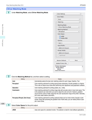 Page 430Driver Matching Mode
Driver Matching Mode
1
 
Under  Matching Mode , select Driver Matching Mode .
2
Click the Matching Method  list, and then select a setting.
SettingDetailsAutoAutomatically selects the best color matching method for each Image, Graphics, Text.PerceptualColor-matching optimized for printing typical photos attractively. Smooth gradation is a feature.This is also an easy-to-use mode when performing color adjustment using application software.SaturationColor-matching optimized for...