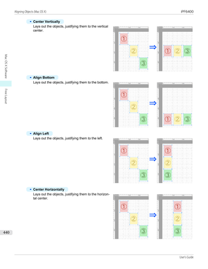 Page 440•
Center Vertically
Lays out the objects, justifying them to the vertical
center.
•
Align Bottom
Lays out the objects, justifying them to the bottom.
•
Align Left
Lays out the objects, justifying them to the left.
•
Center Horizontally
Lays out the objects, justifying them to the horizon-
tal center.
    
Aligning Objects (Mac OS X)...