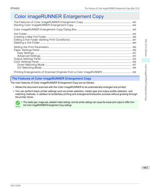 Page 443Color imageRUNNER Enlargement Copy
Color imageRUNNER Enlargement Copy
The Features of Color imageRUNNER Enlargement Copy ................................................................................. 443
Starting Color imageRUNNER Enlargement Copy .................................................................................................. 444
Color imageRUNNER Enlargement Copy Dialog Box ............................................................................................ 445
Hot Folder...