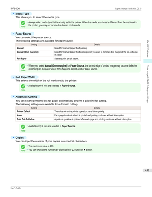 Page 451•
Media Type
This allows you to select the media type.Note
•Always select media type that is actually set in the printer. When the media you chose is different from the media set inthe printer, you may not receive the desired print results.•
Paper Source
You can select the paper source.
The following settings are available for paper source.
SettingDetailsManualSelect for manual paper feed printing.Manual (3mm margins)Select for manual paper feed printing when you want to minimize the margin at the far...