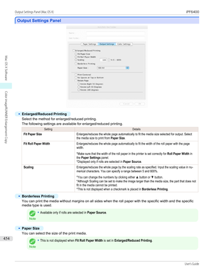 Page 454Output Settings Panel
Output Settings Panel
•
Enlarged/Reduced Printing
Select the method for enlarged/reduced printing.
The following settings are available for enlarged/reduced printing.
SettingDetailsFit Paper SizeEnlarges/reduces the whole page automatically to fit the media size selected for output. Selectthe media size to print from Paper Size.Fit Roll Paper WidthEnlarges/reduces the whole page automatically to fit the width of the roll paper with the pagewidth.
 
*Make sure that the width of the...