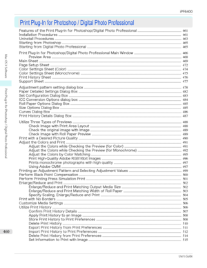 Page 460Print Plug-In for Photoshop / Digital Photo ProfessionalPrint Plug-In for Photoshop / Digital Photo Professional
Features of the Print Plug-In for Photoshop/Digital Photo Professional ......................................................461
Installation Procedures ....................................................................................................................................................... 461
Uninstall Procedures...